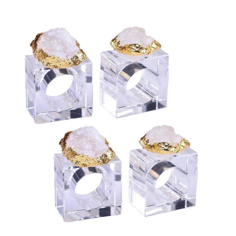 AMOYSTONE طقم حلقات مناديل كواتز أبيض مربع AMOYSTONE من 4 قطع، حامل مناديل كريستالي بقاعدة زجاجية، جيود غير منتظم بحواف ذهبية 2.5" - Image 1